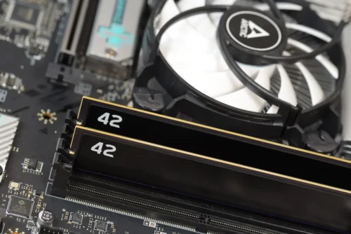 42 DDR RAM by Exceleram kit in motherboard next to CPU side view