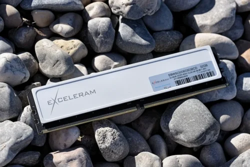 DDR5 U-DIMM BlackWhite Memory by Exceleram on stone beach